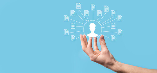 Document Management System DMS .Businessman hold user and document icon.Software for archiving, searching and managing corporate files and information.Internet Technology Concept.Digital security.