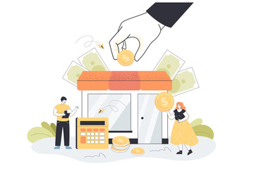 Tiny bankrupt business people getting subsidy from government. Financial help, grant from business partners flat vector illustration. Government support, assistance concept for banner, website design