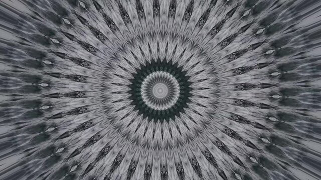 Abstract psychedelic grey colored circle shaped pulsating kaleidoscope pattern made from storm sea waves. Moving VJ background.