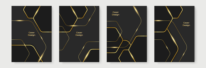 Abstract gold and black cover background. Modern black stripe cover design set. Luxury creative gold dynamic line pattern. Formal premium vector background for business brochure, poster, and menu