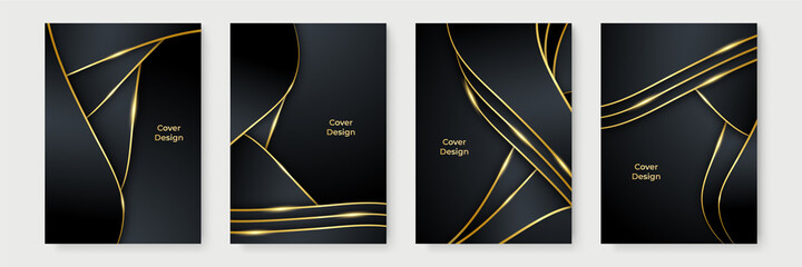 Modern black cover design set. Luxury creative line pattern in premium colors: black, gold and white. Formal vector for notebook cover, business poster, brochure template, magazine layout