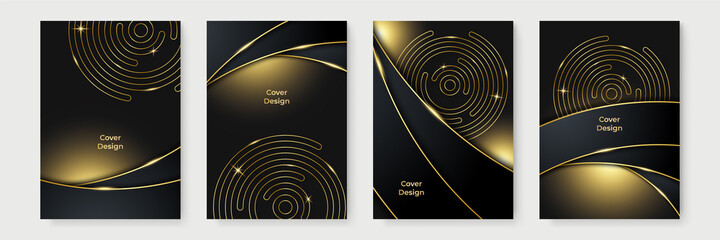 Modern black cover design set. Luxury creative line pattern in premium colors: black, gold and white. Formal vector for notebook cover, business poster, brochure template, magazine layout
