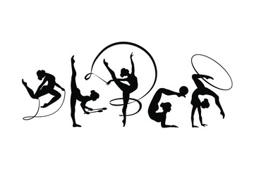 Rhythmic gymnastics girls with different inventory. Vector dancer silhouettes black on white