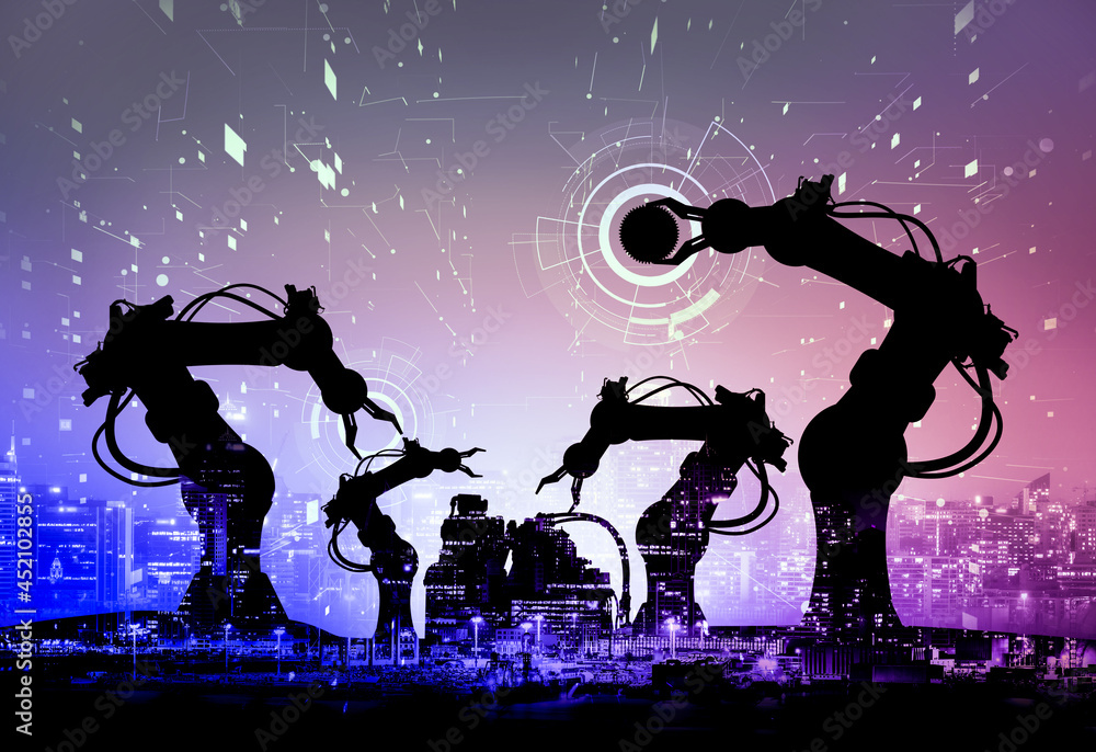 Poster mechanized industry of future factory double exposure image . concept of robotics technology for ind