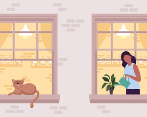 woman and cat in windows