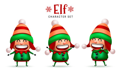 Elf christmas characters vector set. Cute elves character with happy, jolly and cheerful expression isolated in white background for xmas kids friendly collection design. Vector illustration.
