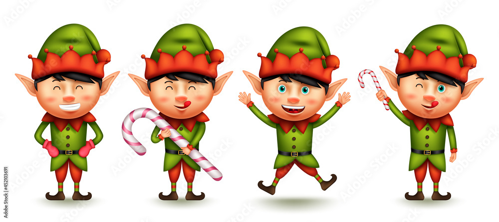 Poster elf christmas character vector set. little boy 3d elves characters with smiling expression in jumpin