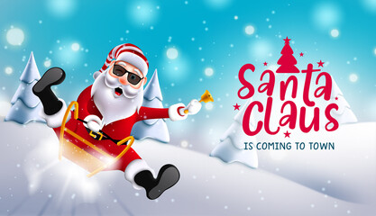 Christmas santa vector background design. Santa claus is coming to town text with christmas character sliding and riding sleigh in snow for xmas season celebration. Vector illustration.
 - obrazy, fototapety, plakaty