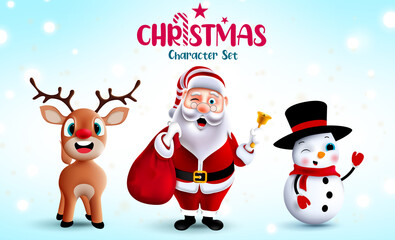 Christmas characters vector set. Santa claus, reindeer and snowman 3d christmas character with cute and friendly facial expressions for xmas season design collection. Vector illustration.
