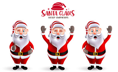 Santa claus christmas character vector set. Santa claus 3d characters in happy facial expressions with standing, waving and okay gestures for xmas season collection. Vector illustration.
