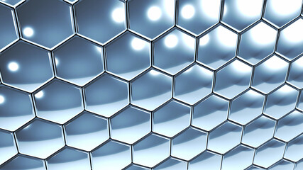 Hexagons silver geometric background, perspective view of steel chrome honeycomb pattern metallic shapes , 3D render technology illustration.