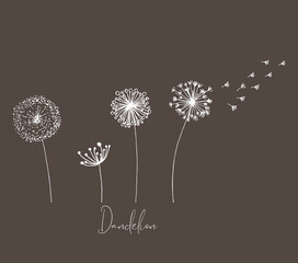 Hand drawn set of white dandelion, dandelion with flying seeds in cute doodle style. Vector illustration for fabric, card design or baby clothings.
