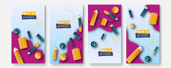 Back to school banner fun kids papercut supplies. Back to school vector template design. Welcome back to school text with educational supplies like backpack, water color, notebook, pen and calculator 