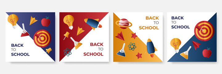 Top View Back to School In Blue Background Banner with Red Backpack and School Supplies Like Notebook, Pen, Pencil, Colors, Ruler, Magnifying Glass, Eraser, Paper Clip, Sharpener, Alarm Clock and Pain