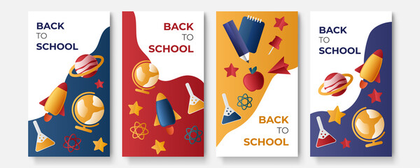 Top View Back to School In Blue Background Banner with Red Backpack and School Supplies Like Notebook, Pen, Pencil, Colors, Ruler, Magnifying Glass, Eraser, Paper Clip, Sharpener, Alarm Clock and Pain