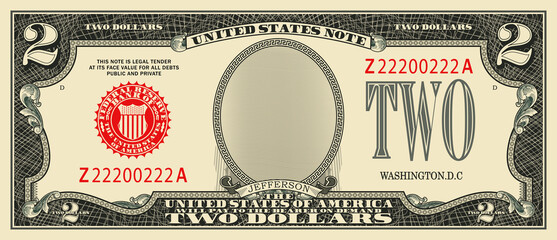 Fictional obverse of vintage US paper money. 2 dollar banknote with red seal. Jefferson - obrazy, fototapety, plakaty