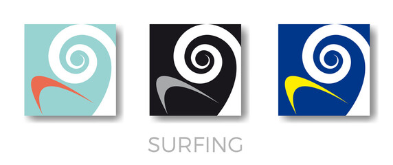 Vector surfing logo. Surf board and wave in simply shapes