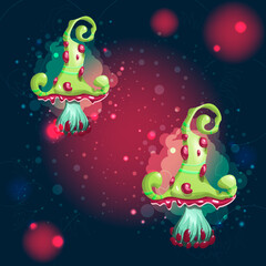 Square banner of a group of ornamental mushrooms. Unusual fantasy cartoon colorful mushrooms. Magic mushrooms in a fairy fog and fireflies on a dark background. A beautiful, mysterious sticker