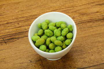 Spicy wasabi peanuts in the bowl