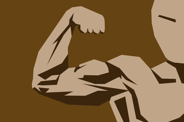 Illustration von muskulösem Mann, der Bizeps anspannt, Muskel Konturen nachgezeichnet, kantig angedeutet, braun Palette, beige