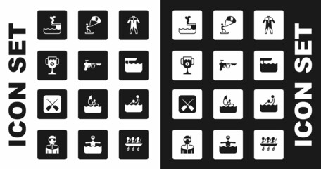 Set Wetsuit for scuba diving, Fishing harpoon, Award cup, Swimmer into pool, Diving board springboard, Kitesurfing, Water polo and Paddle icon. Vector
