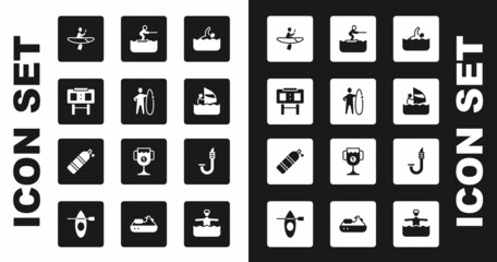 Set Swimmer, Surfboard, Sport mechanical scoreboard, Kayak and paddle, Windsurfing, Water skiing man, Snorkel and Aqualung icon. Vector