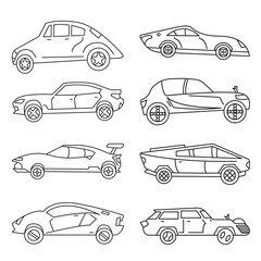 Set of Vector line art car illustration sketch coloring page for book and drawing. Hand-drawn Black and white vehicle Graphic element white background.