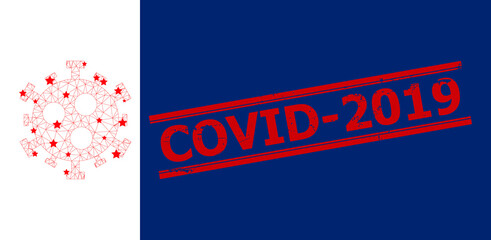 Mesh covid-2019 virus polygonal icon vector illustration, and red COVID-2019 corroded seal. Carcass model is created from covid-2019 virus flat icon, with stars and triangular mesh.