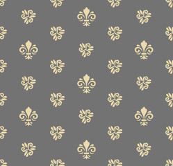 Fototapeta premium Seamless vector gray and golden pattern. Modern geometric ornament with golden royal lilies. Classic vintage background