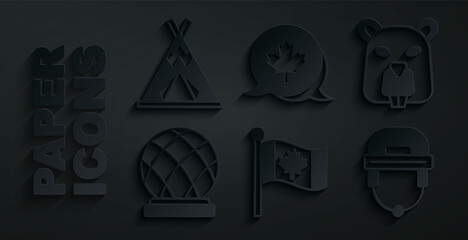 Set Flag of Canada, Beaver animal, Montreal Biosphere, Hockey helmet, Canadian maple leaf and Indian teepee or wigwam icon. Vector © Kostiantyn