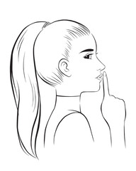 Sexy girl making a quiet gesture. vector illustration isolated cartoon hand drawn. Line art
