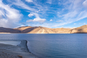 Pangong Tso, Tibetan for "high grassland lake", also referred to as Pangong Lake, is an endorheic lake in the Himalayas situated at a height of about 4,350 m. at Leh Ladakh, Jammu and Kashmir, India.
