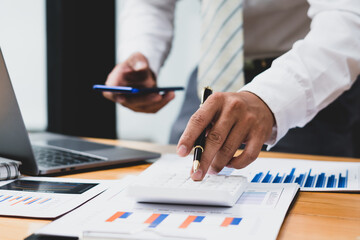 bookkeeper or financial inspector hands making report, calculating or checking balance. Home finances, investment, economy, saving money or insurance concept