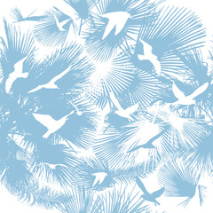 Seamless background palm leaves with flying seagulls . vector illustration