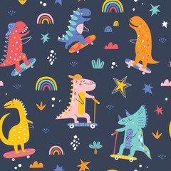 Cute funny kids dinosaurs pattern. Colorful dinosaurs vector background. Creative kids texture for fabric, wrapping, textile, wallpaper, apparel. Vector illustration © Angelina De Sol