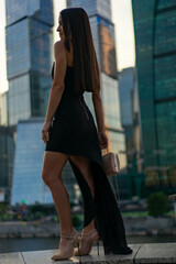 elegant girl in a black dress on the background of a building