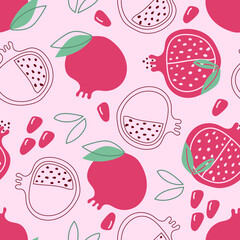 Hand drawn seamless pattern of garnet, pomegranate on pink background.