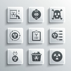 Set Infectious waste, Radioactive, Radiation warning document, electrical plug, barrel and Bones and skull icon. Vector