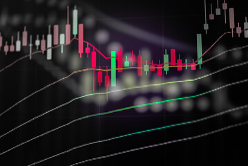 Abstract financial trading graphs and digital number of foreign exchange market trading on monitor. Background of gold and blue digital chart to represent stock market trend.