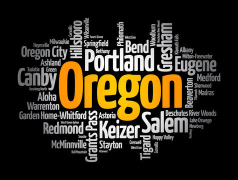 List of cities in Oregon USA state, word cloud concept background