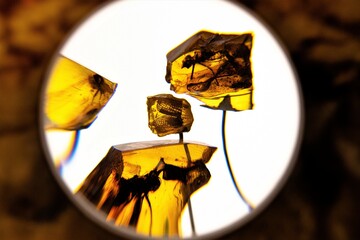 Durch eine Lupe betrachtete Sammlerstücke - Bernsteine mit Einschlüssen von Insekten und Reste...