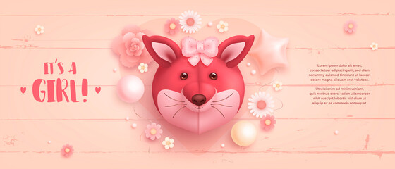 Baby shower horizontal banner with cartoon fox, helium balloons and flowers on pink wooden background. It's a girl. Vector illustration