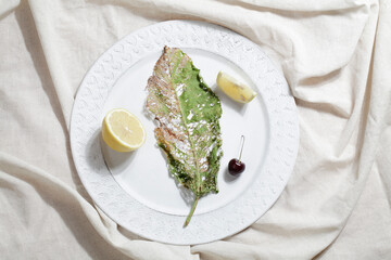 dry leaf, lemon and cherry on linen textile. kinfolk style. natural background.