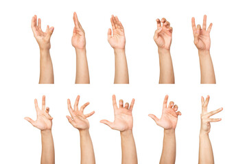 Compilation of holding or grabbing hand gesture close ups isolated with white background. Holding hand gesture, grabbing hand gesture cutout.
