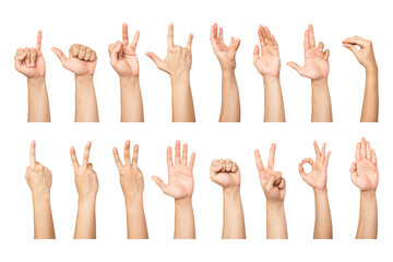 Compilation of random hand gesture close ups isolated with white background. Sign language compilation