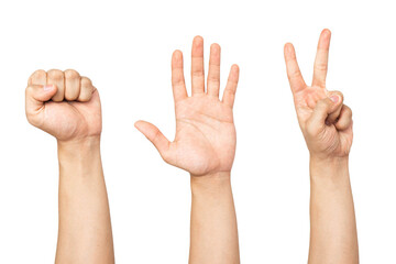 Compilation of hand playing rock paper scissors close up isolated with white background. Rock paper scissors hand gesture.