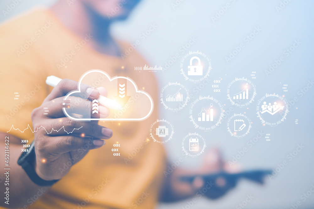 Poster business people using virtual interfaces via smartphones and manage online business according to the