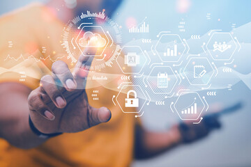 Business people using virtual interfaces via smartphones and manage online business according to the network of Encore with modern technology system