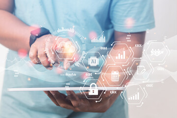Business people using virtual interfaces via smartphones and manage online business according to...