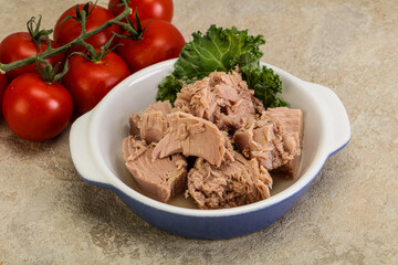 Canned tuna fillet in the bowl